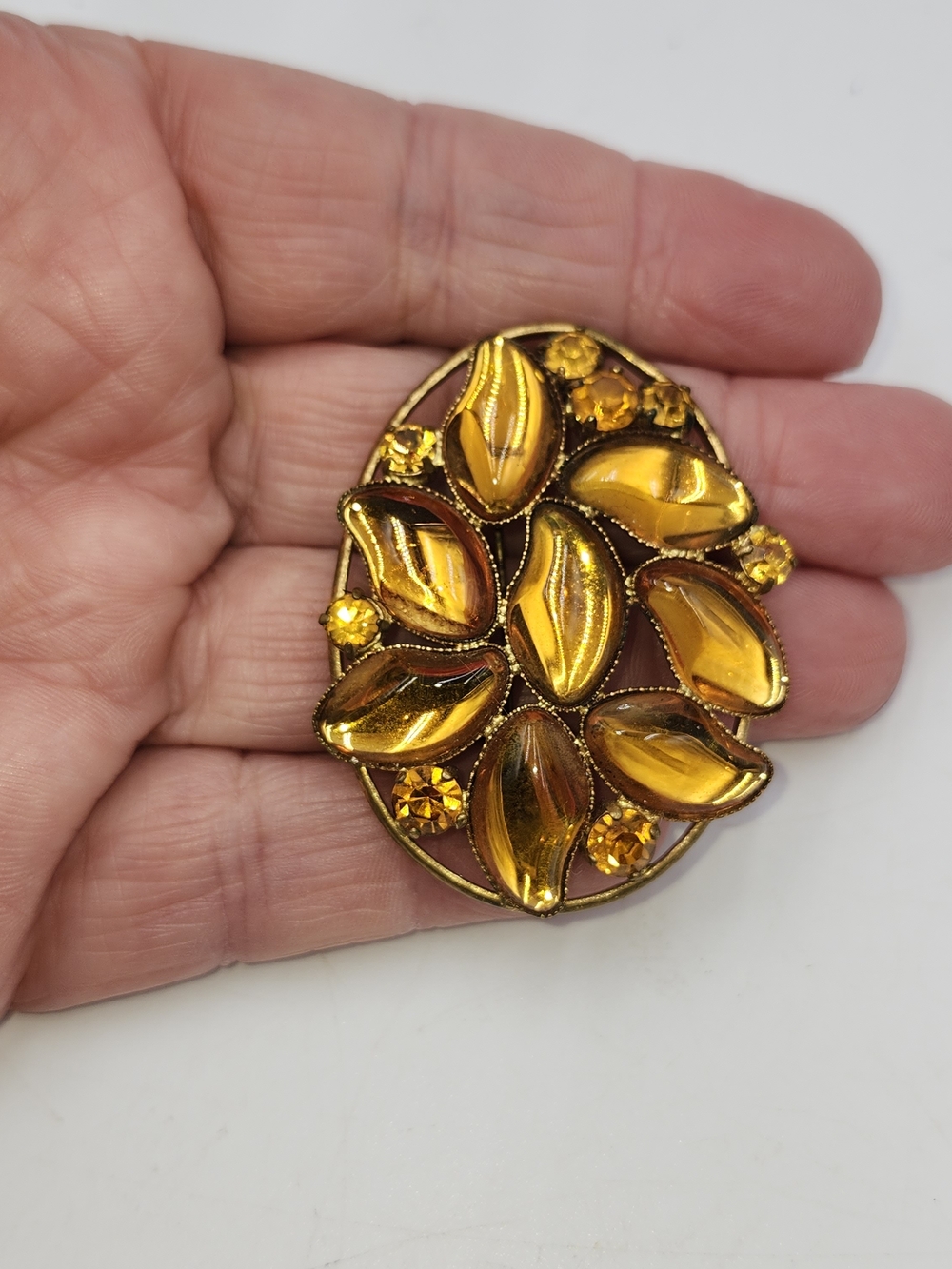vintage brooch golden topaz colored navette chaton rhinestone brooch